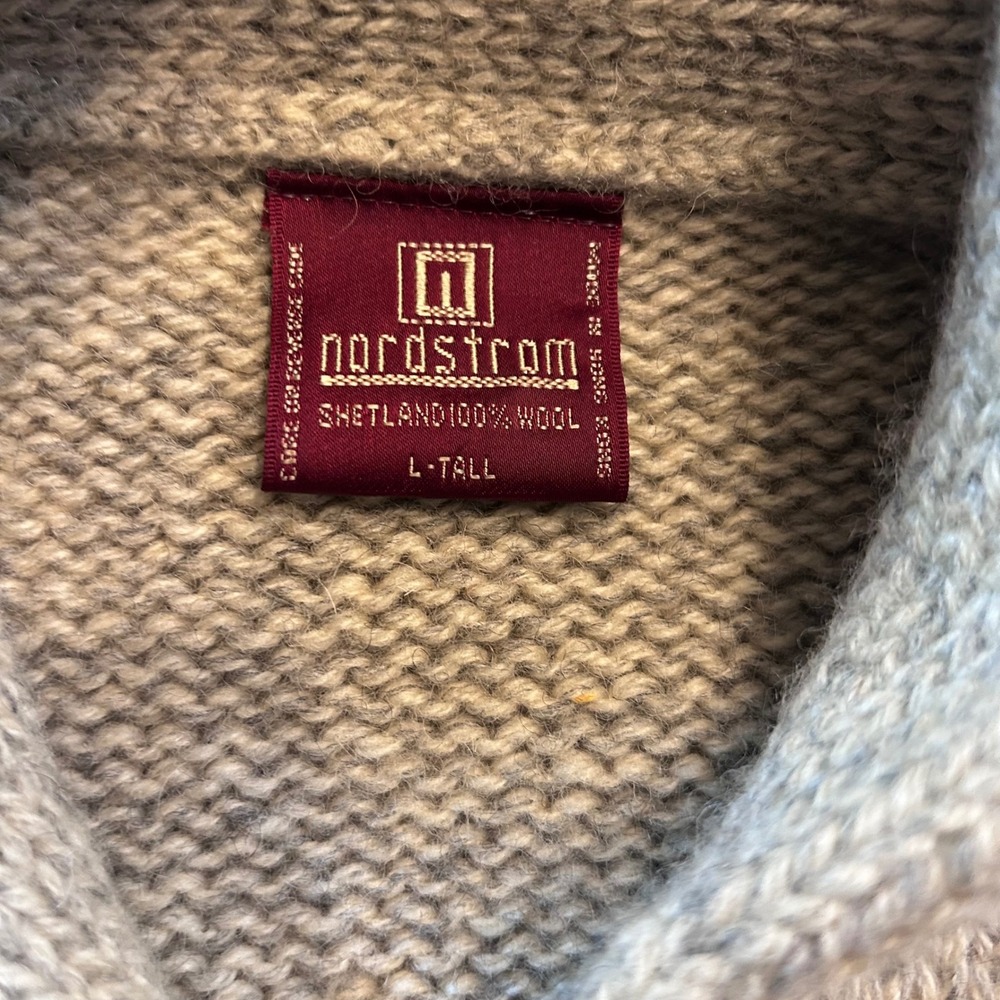 Nordstrom Vintage Shetland Wool Shawl Collar Striped Sweater Gray Black L-Tall - Picture 2 of 4